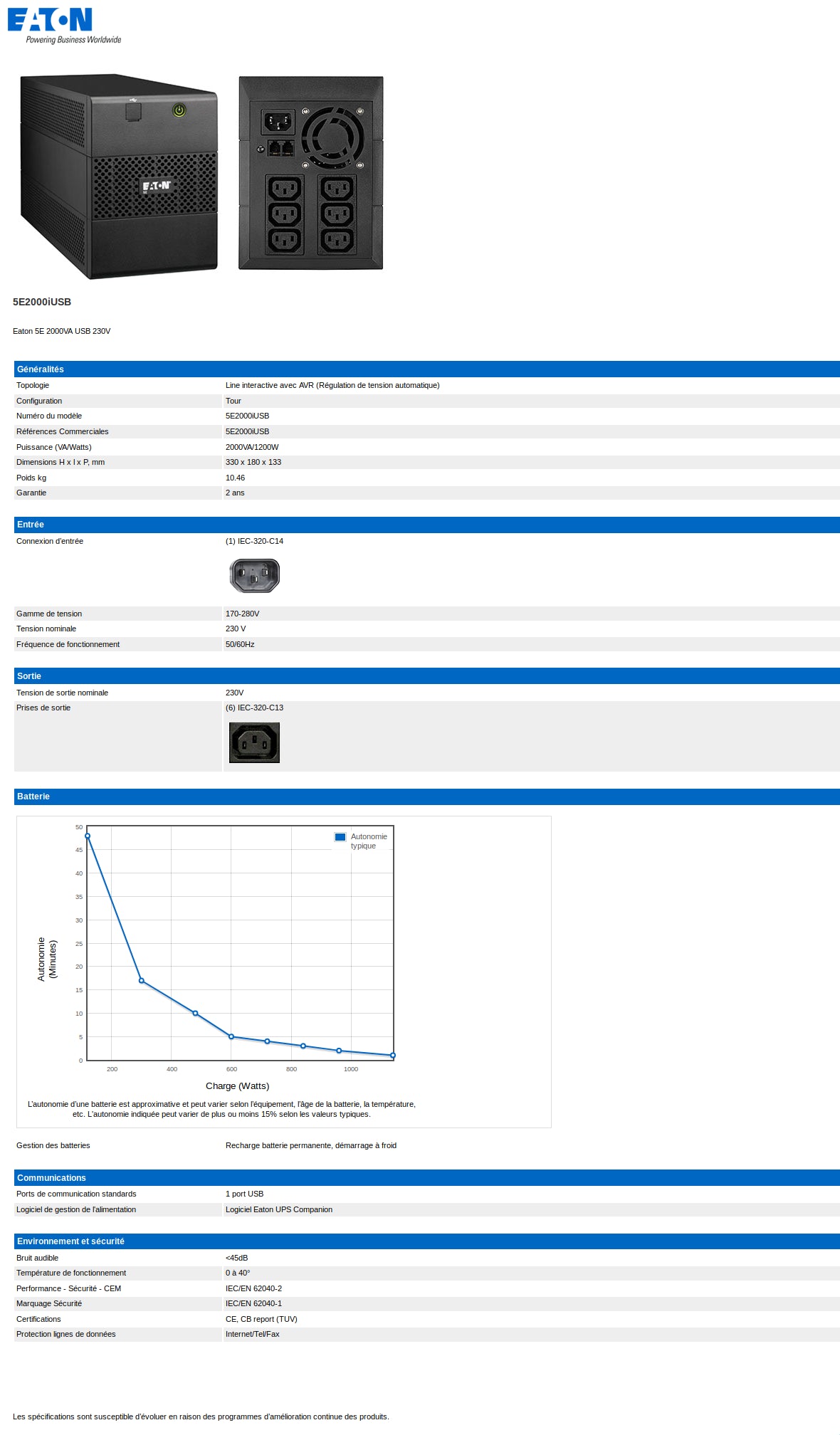 Onduleur Line-Interactive Eaton 5E 5E2000IUSB – 1200 W / 2000 VA – 6 prises C13
